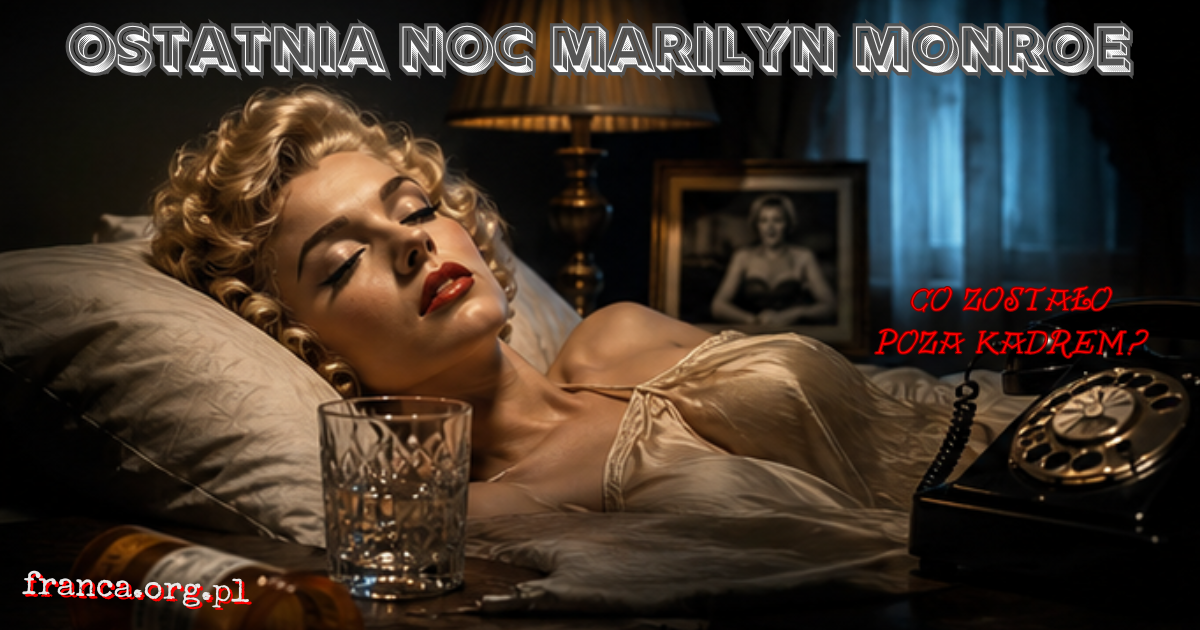Surrealistyczny kadr noir z telefonem, pustą fiolką po lekach bez etykiety i taśmą filmową, symbolizujący luki w sprawie śmierci Marilyn Monroe.