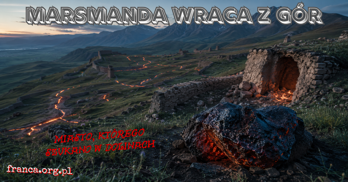 Surrealistyczna panorama wysokogórskiego miasta w Uzbekistanie, którego kamienne mury wyłaniają się spod trawy, a pod ziemią biegnie świecąca żyła żelaza.