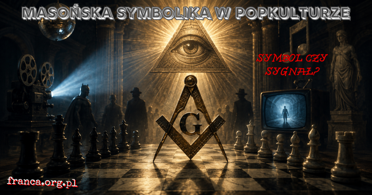 Surrealistyczna ilustracja przedstawiająca popkulturową scenę pod lupą, w której geometryczne cienie przypominają masońskie motywy, ale nie udają dokumentu ani dowodu.