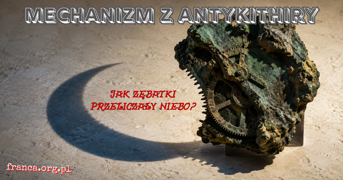 Skorodowany fragment Mechanizmu z Antykithiry rzuca na jasny kamień niemożliwy cień w kształcie wielkiego sierpa Księżyca.