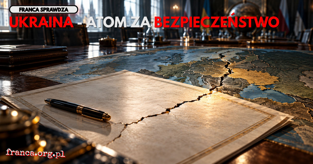 Dyplomatyczny dokument na stole konferencyjnym, którego pojedyncze pęknięcie przechodzi surrealistycznie na mapę Europy Wschodniej.