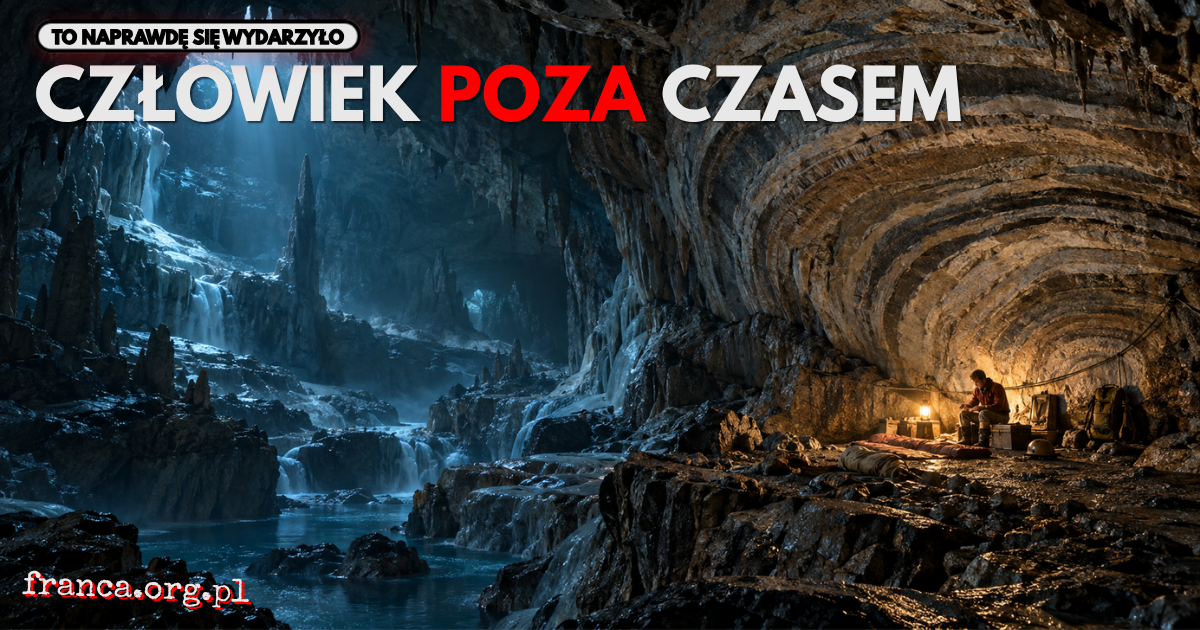 Monumentalne wnętrze jaskini z małym obozem Michela Siffre'a, otoczonym przez skalne warstwy przemieniające się w przesuwające się fale symbolizujące wewnętrzny rytm czasu.