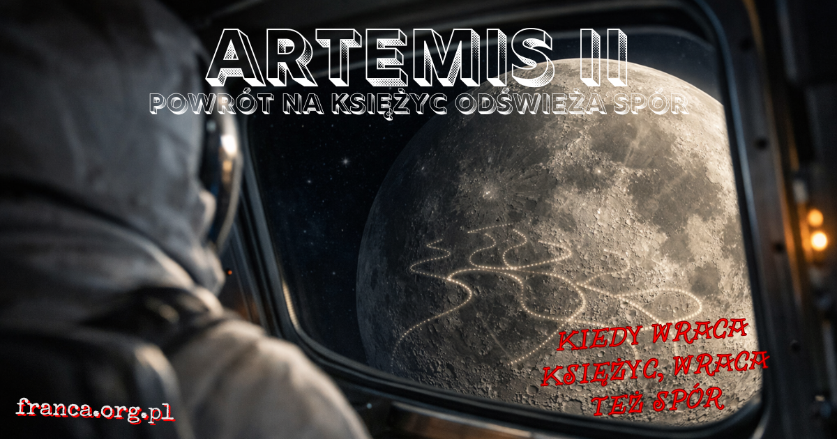 otorealistyczna ilustracja pokazująca współczesny statek lecący ku Księżycowi nad powierzchnią z dawnymi śladami misji, jako metaforę powrotu starej debaty.