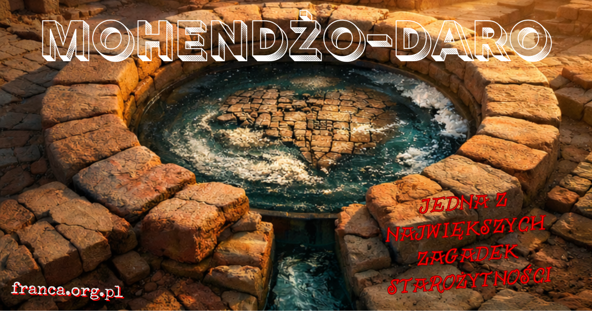 Szeroki widok ruin Mohendżo-Daro jako dawnego miasta o precyzyjnej siatce ulic, zestawiony z motywem wody i powolnego zaniku.