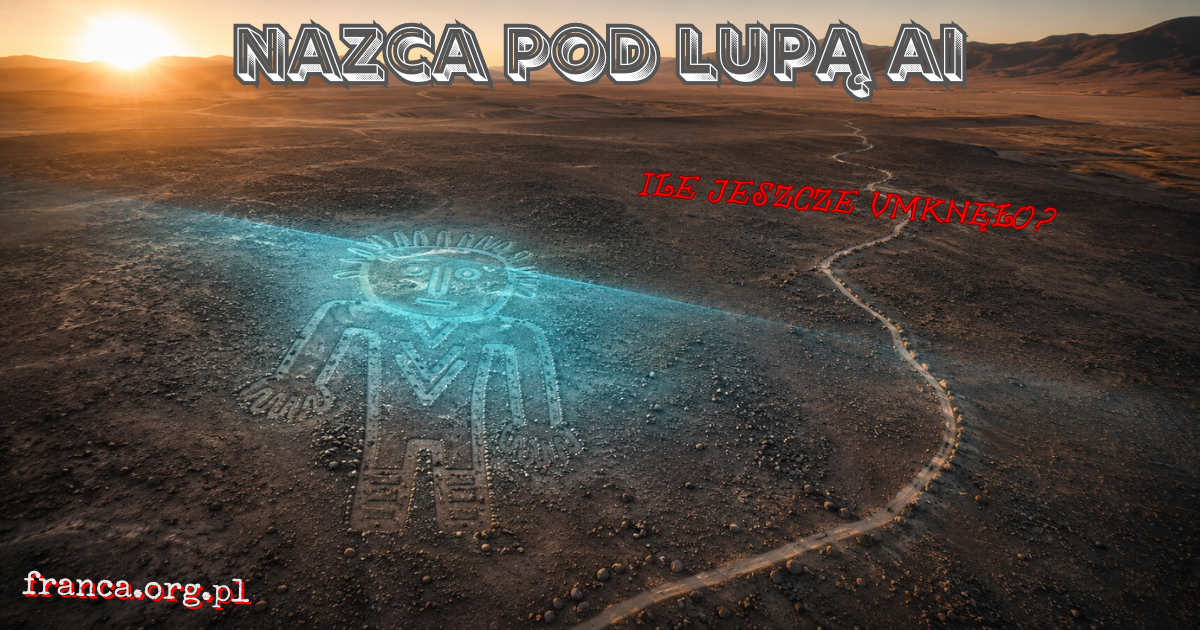 Lotniczy widok pustyni Nazca z pojedynczym, wyblakłym geoglifem częściowo ujawnionym przez symboliczną smugę analitycznego światła.