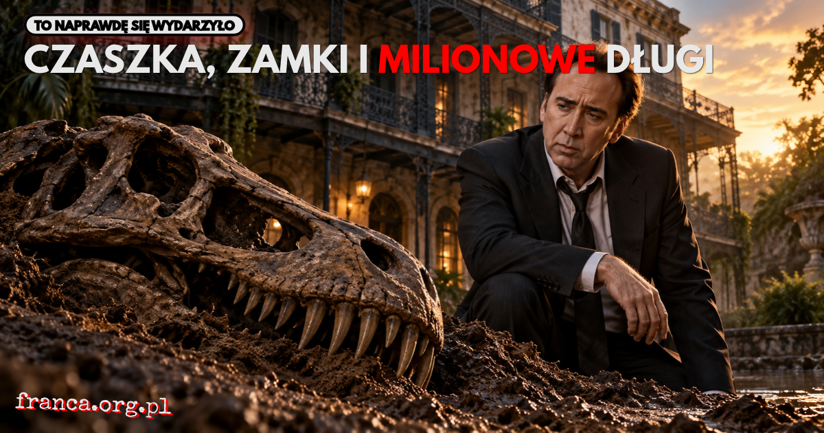 Filmowy portret Nicolasa Cage'a w ciemnym garniturze na dziedzińcu historycznej rezydencji inspirowanej LaLaurie Mansion w Nowym Orleanie. Obok aktora ogromna skamieniała czaszka dinozaura częściowo zapada się w błotnistą ziemię. Złotawe światło i ponura
