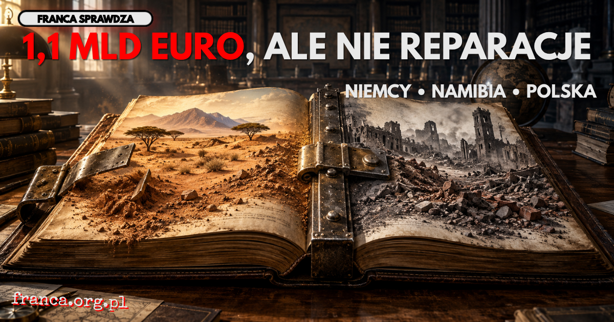 Monumentalna otwarta księga w archiwalnej czytelni, której strony zamieniają się w ochrową ziemię Namibii i wojenne ruiny Polski, spięta asymetrycznie ciężkim stalowym zamkiem.