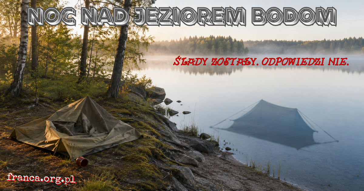 Na porośniętym mchem brzegu jeziora leży zapadnięty płócienny namiot z lat 60., którego cień na spokojnej wodzie przybiera niemożliwie wyprostowany kształt.