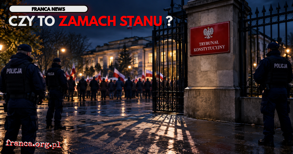 Ilustracja redakcyjna przedstawiająca wieczorną scenę przed Trybunałem Konstytucyjnym w Warszawie. Przy bramie stoją policjanci, w tle widoczni są demonstranci z polskimi flagami. Symboliczny cień ogrodzenia na mokrym chodniku nawiązuje do historycznej br
