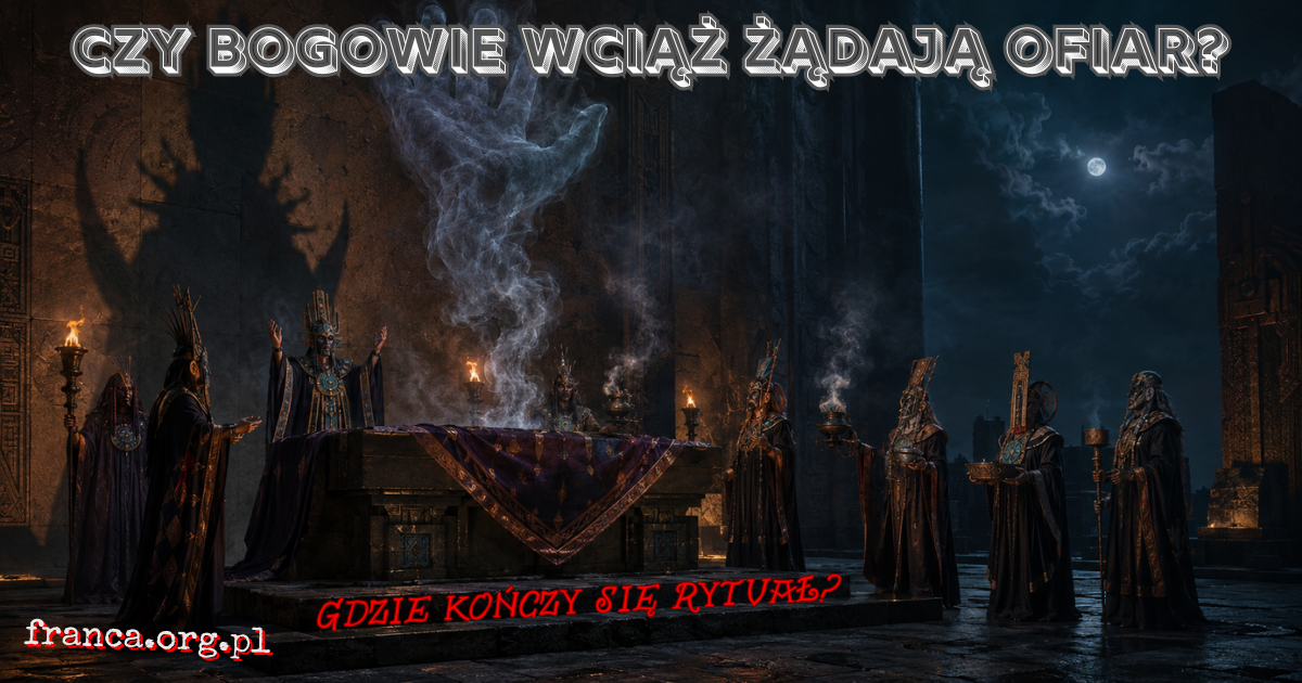 Pusty kamienny ołtarz w nowoczesnym archiwum rzuca niemożliwy cień przypominający ludzką dłoń.