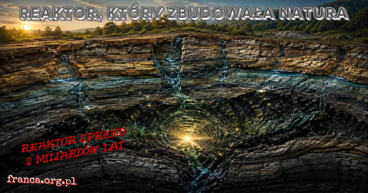 Przekrój geologiczny przez skały Oklo z jasną naturalną strefą reakcji jądrowej ukrytą w warstwie rudy uranu i przecinaną przez wodę gruntową.