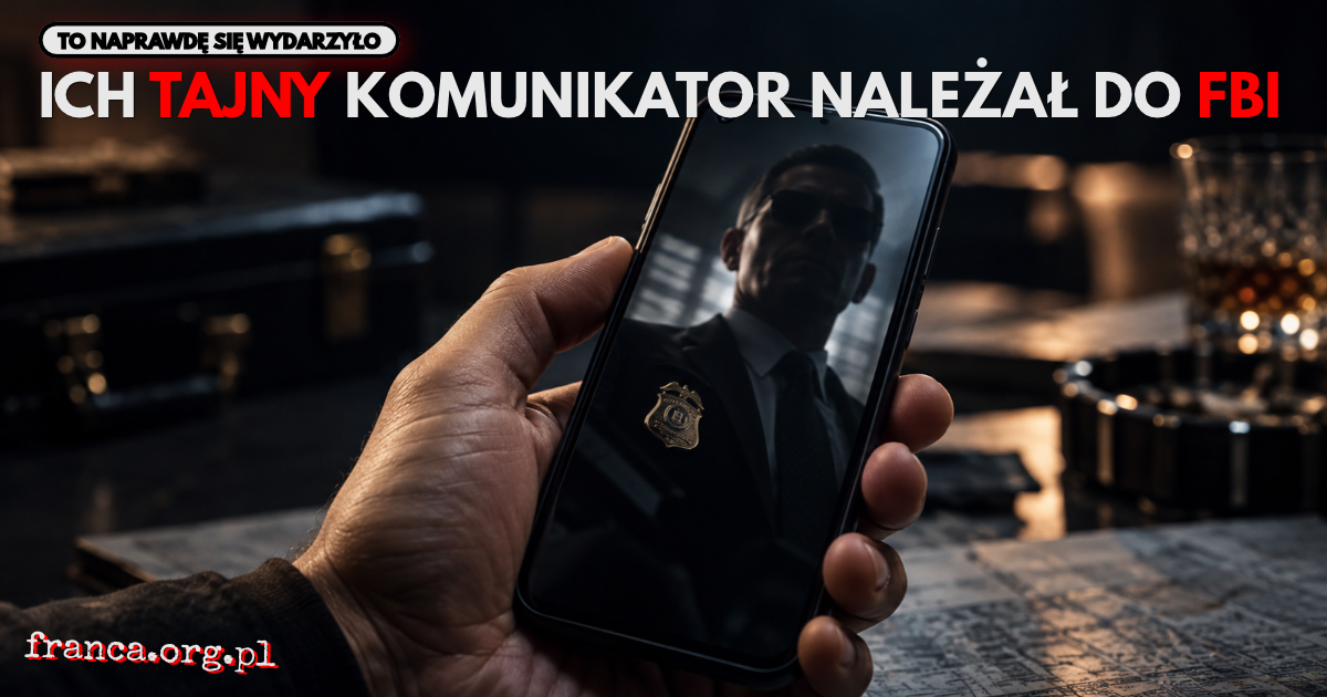Ilustracja redakcyjna przedstawiająca czarny smartfon trzymany w dłoni. Na ciemnym ekranie telefonu odbija się sylwetka agenta federalnego z odznaką. Obraz symbolizuje operację Trojan Shield, podczas której FBI potajemnie kontrolowało komunikator ANOM uży