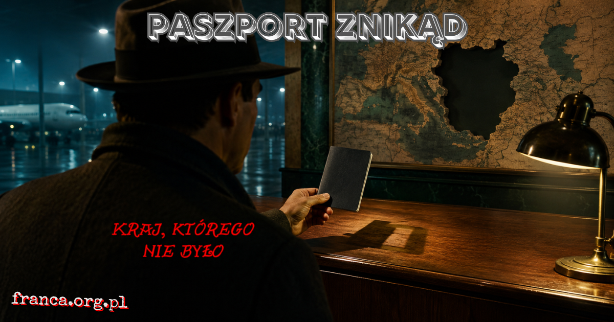 Anonimowy podróżny przy kontroli paszportowej podaje pusty dokument, a za nim mapa świata ma niemożliwą wyrwę w miejscu rzekomego państwa.