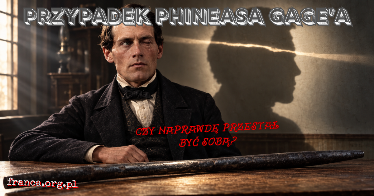 Redakcyjna rekonstrukcja Phineasa Gage’a siedzącego spokojnie przy stole obok żelaznego pręta, którego cień zmienia się na ścianie w niemożliwą linię przecinającą obrys jego czoła.