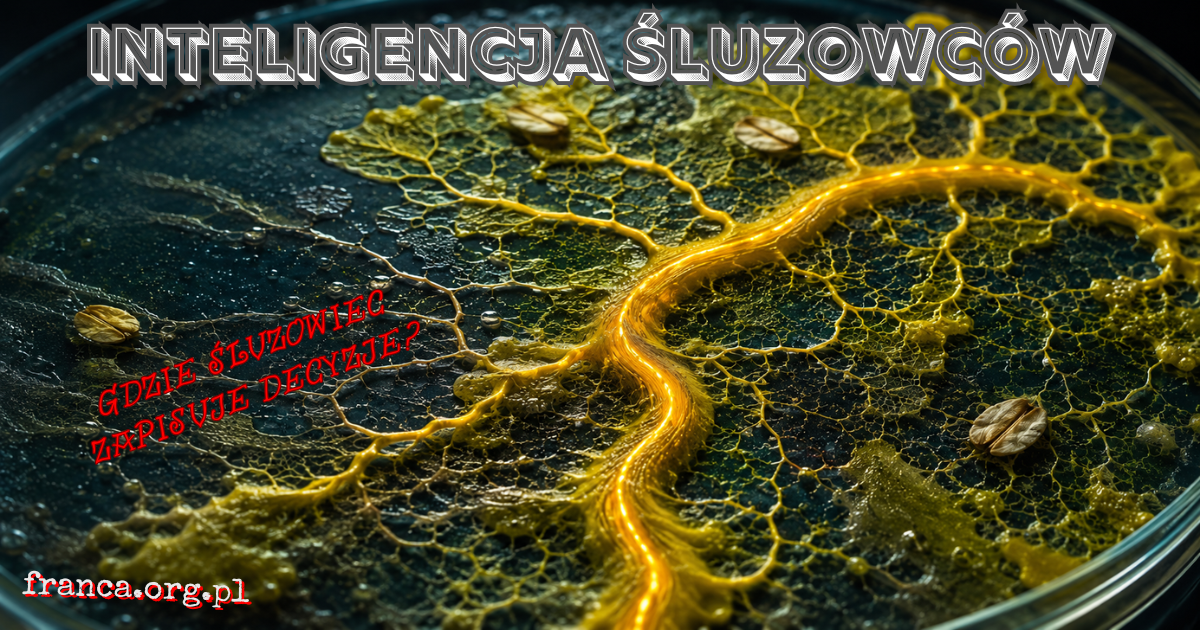 Żółta sieć rurek Physarum na ciemnym agarze wzmacnia jedną pulsującą trasę, podczas gdy kilka sąsiednich odnóg stopniowo zanika.