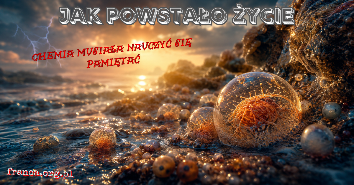 Surrealistyczna, fotorealistyczna scena ciepłego stawu na młodej Ziemi, z mineralną skałą i świetlistymi kroplami sugerującymi narodziny chemicznej informacji.