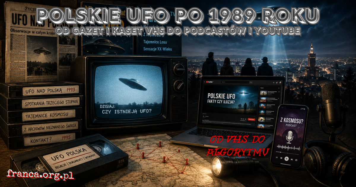 Surrealistyczno-realistyczna ilustracja pokazująca polski pokój z lat 90., kasetę VHS, gazety i chłodne światło nad horyzontem, jako metaforę przemiany opowieści o UFO.