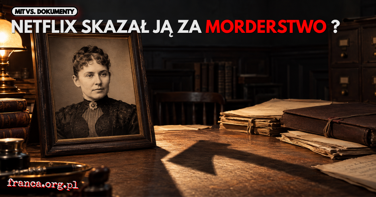 Historyzująca ilustracja redakcyjna przedstawiająca oprawiony portret Lizzie Borden na biurku w XIX-wiecznym archiwum sądowym. Obok fotografii leżą dokumenty, a na blat pada symboliczny cień siekiery, nawiązujący do nierozstrzygniętej sprawy zabójstwa jej