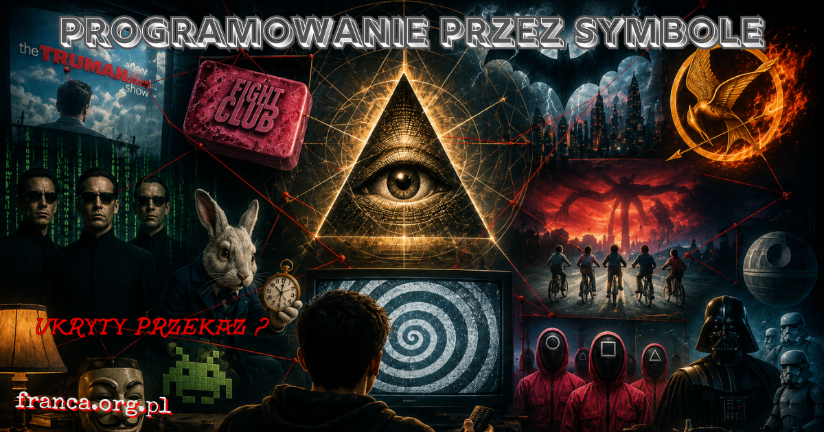 Surrealistyczna scena popkulturowa z widzem obserwującym świetlne symbole, które wyglądają jak ukryty mechanizm interpretacji, bez tekstu i logotypów.