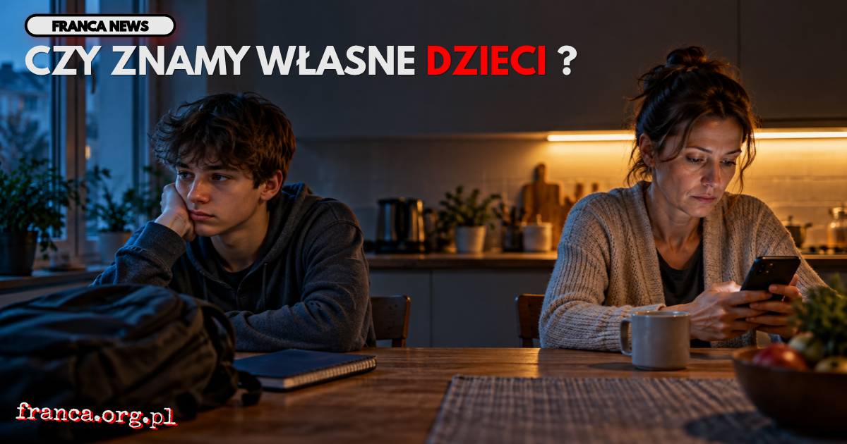 Realistyczna ilustracja redakcyjna przedstawiająca nastolatka siedzącego przy kuchennym stole obok rodzica zapatrzonego w telefon. Między nimi leży pusty fragment blatu, a obok ucznia znajduje się szkolny plecak. Kontrast chłodnego i ciepłego światła podk