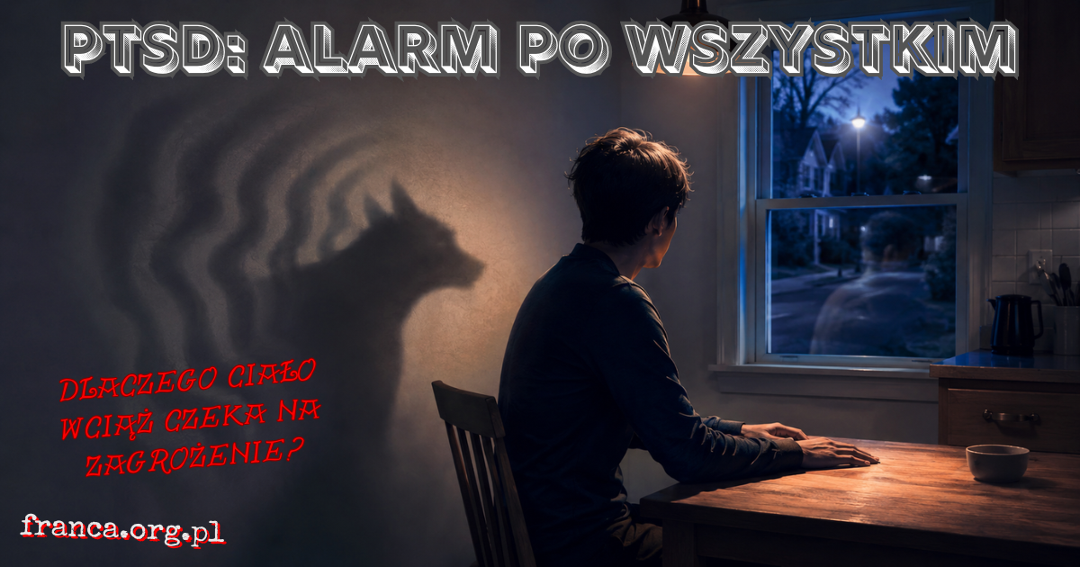 Osoba siedzi samotnie przy stole w bezpiecznym mieszkaniu, lecz jej niemożliwy cień przypomina aktywny alarm, symbolizując utrzymującą się reakcję pourazową.