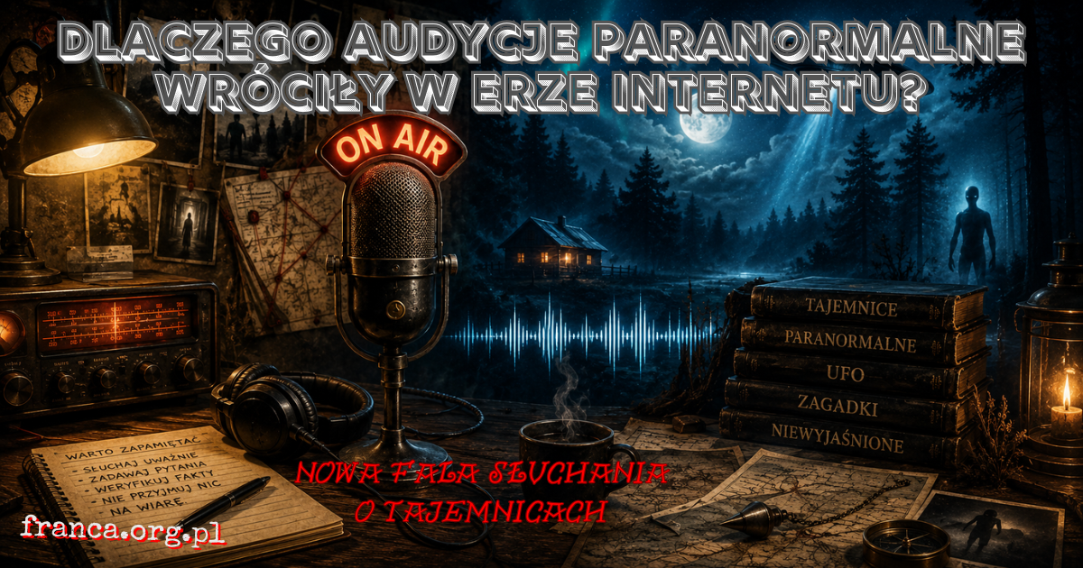 Filmowa, surrealna ilustracja nocnego słuchania audycji paranormalnej, z falami dźwięku, radiowym sprzętem, lasem i subtelnym motywem UFO