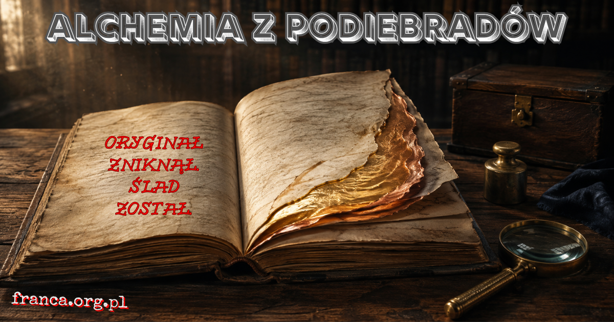 Otwarty XVIII-wieczny rękopis na stole archiwalnym odsłania pod papierem niemożliwą warstwę metalu przechodzącą od złota do miedzi, symbolizując starsze alchemiczne receptury zachowane jedynie w późniejszych kopiach.