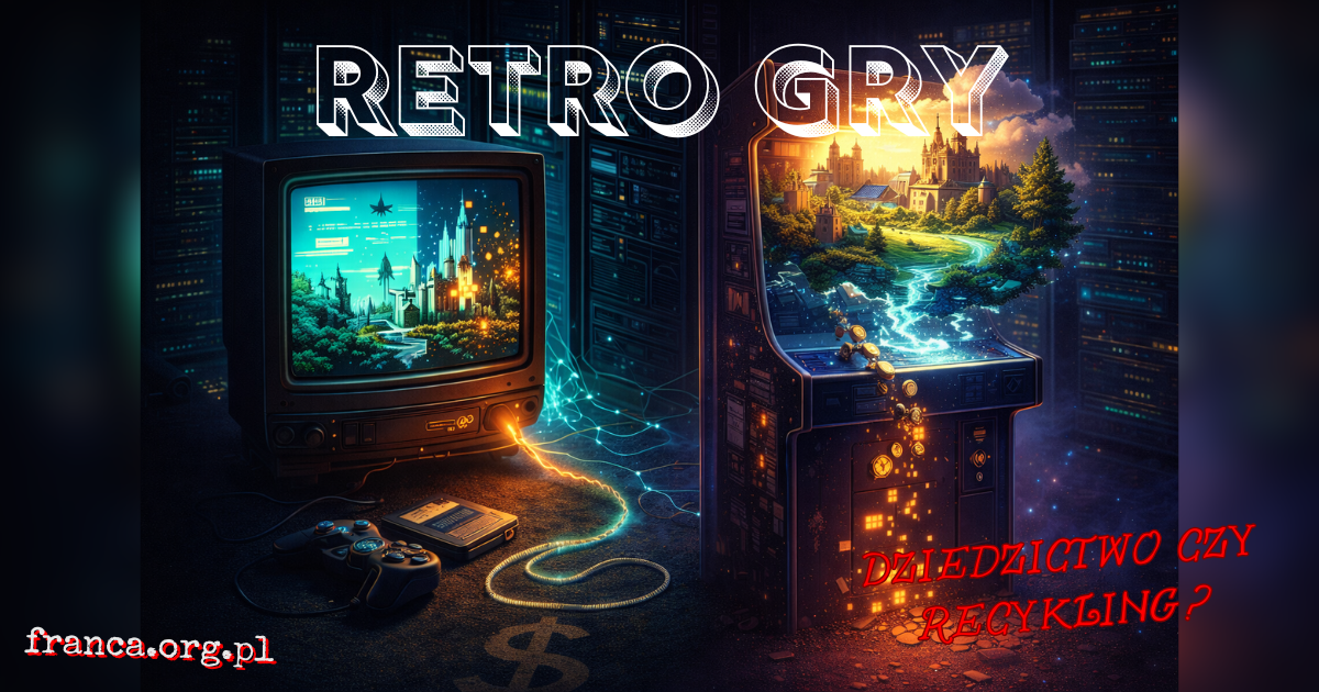 Zbliżenie na stary kartridż i płytę CD unoszące się nad nowoczesną konsolą, podczas gdy ich cienie układają się w znak dolara i pikselowe serce.