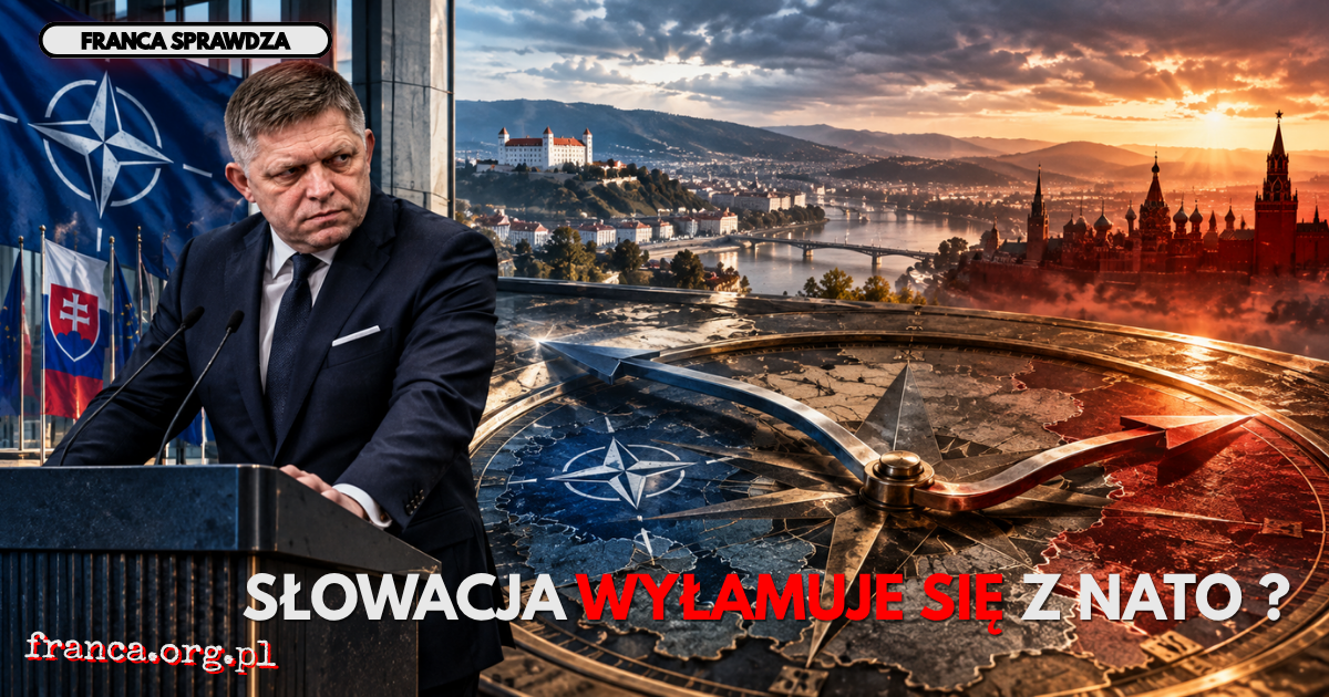 Robert Fico stoi w metaforycznej przestrzeni dyplomatycznej nad monumentalnym kompasem, którego metalowa igła niemożliwie wskazuje dwa przeciwne kierunki.