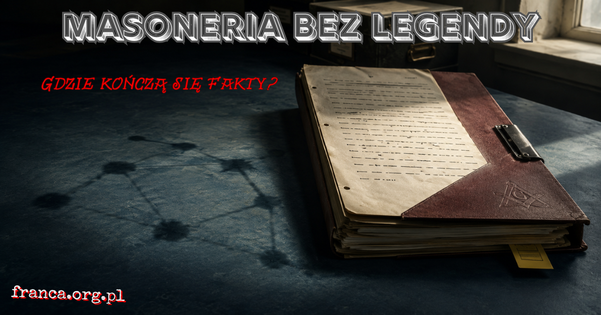 Otwarty archiwalny dossier na ciemnogranatowym stole rzuca niepełny cień w kształcie kilku połączonych i urywających się węzłów.