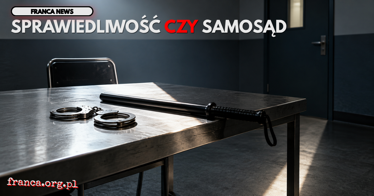 Pusta sala policyjna z metalowym stołem, kajdankami i pałką służbową leżącą na granicy światła i cienia - redakcyjna metafora granicy między legalnym użyciem władzy a samosądem.