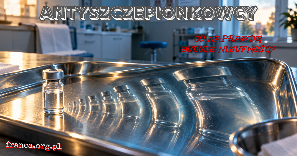 Nieoznaczona fiolka szczepionki stoi na stalowej tacy, a jej pojedyncze odbicie niemożliwie rozszerza się w coraz większe zniekształcenia symbolizujące powiększanie postrzeganego ryzyka.