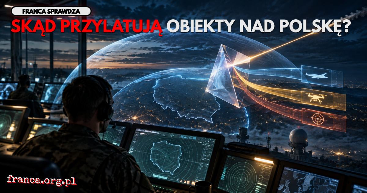 Surrealistyczna sala obserwacji przestrzeni powietrznej, w której jedna świetlista trajektoria przechodzi przez ogromny przezroczysty pryzmat i rozdziela się na trzy odmienne drogi.