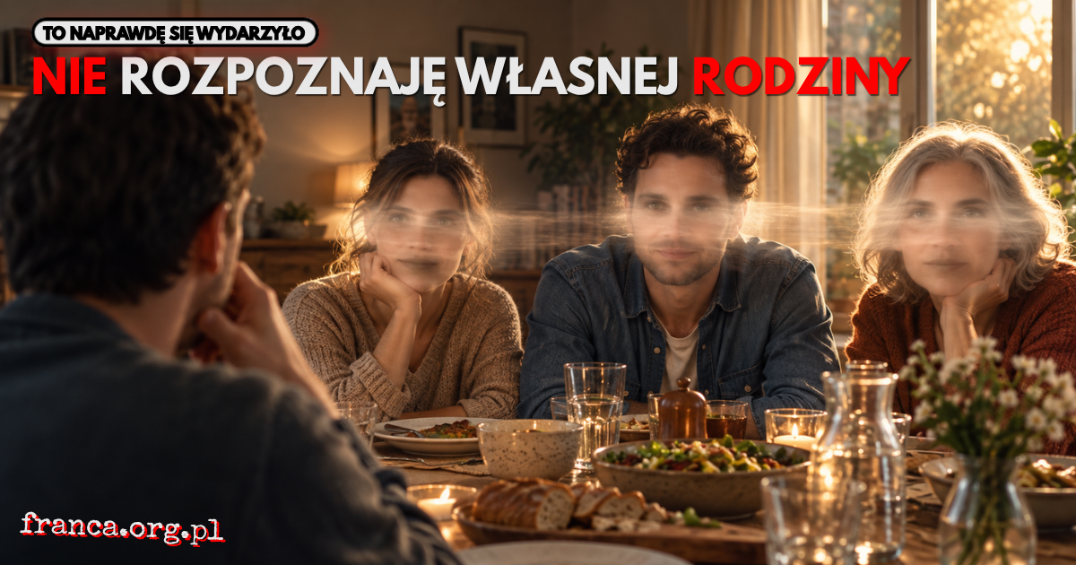 Rodzinne spotkanie przy stole, podczas którego wyraźne twarze bliskich osób zostają w jednym pasie niemożliwego światła subtelnie uśrednione, symbolizując trudność rozpoznawania ich tożsamości.