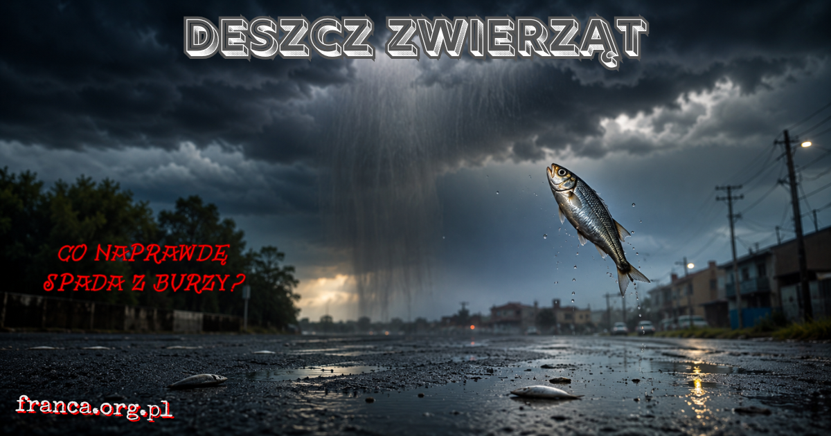 Mała srebrzysta ryba zawisa nad mokrą ulicą pod burzową chmurą, a przerwana smuga deszczu pozostawia między nimi wyraźną pustą lukę.
