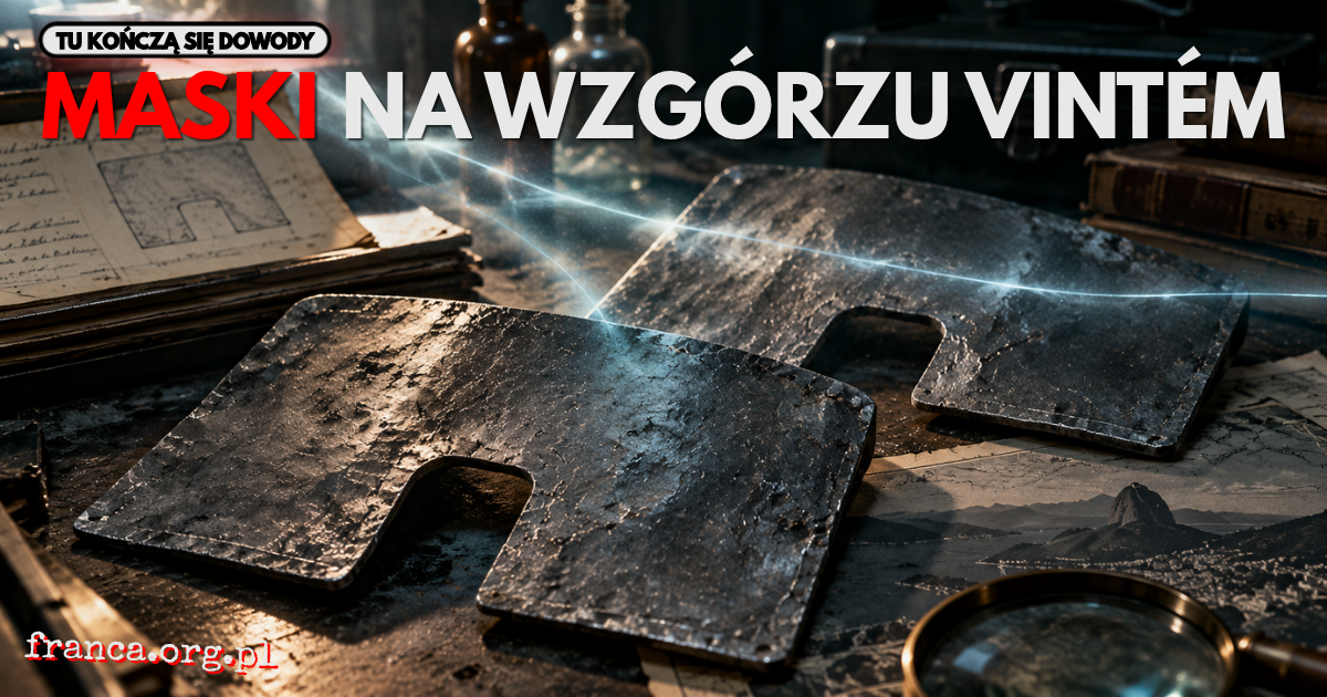 Dwie surowe, ręcznie uformowane ołowiane półmaski leżą na laboratoryjnym stole, a nad nimi niemożliwa świetlista tafla załamuje się jak materialny sygnał.