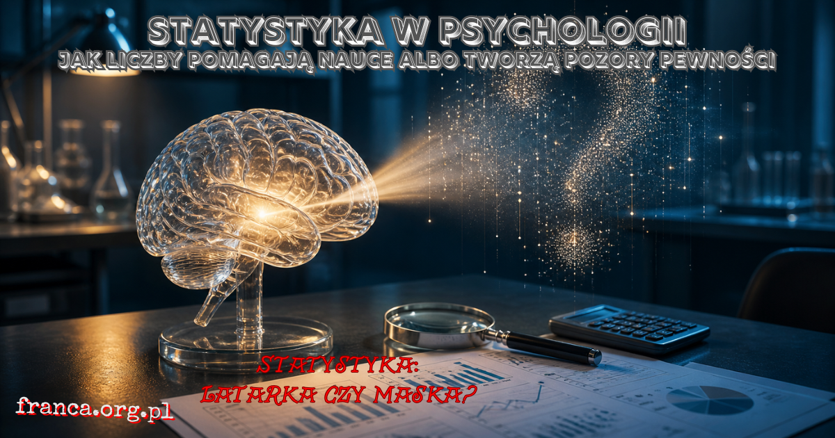 Surrealistyczna scena, w której wykres statystyczny świeci jak latarka na model ludzkiego mózgu, ale część cienia układa się w znak zapytania.