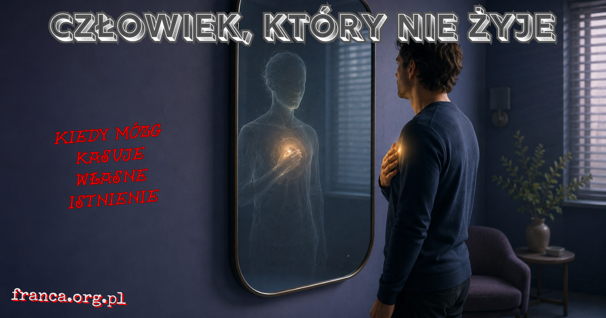 Surrealistyczna, realistyczna scena żyjącej osoby stojącej przed lustrem, w którym jej odbicie częściowo zanika, mimo widocznego światła pulsu w klatce piersiowej.