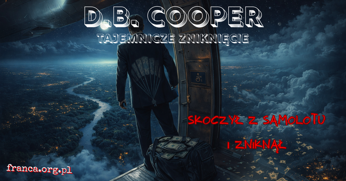 Fotorealistyczna scena inspirowana tajemnicą D.B. Coopera: anonimowy mężczyzna w garniturze stoi przy otwartym tylnym trapie Boeinga 727 nad nocnym krajobrazem, z torbą pieniędzy i deszczowym niebem w tle.