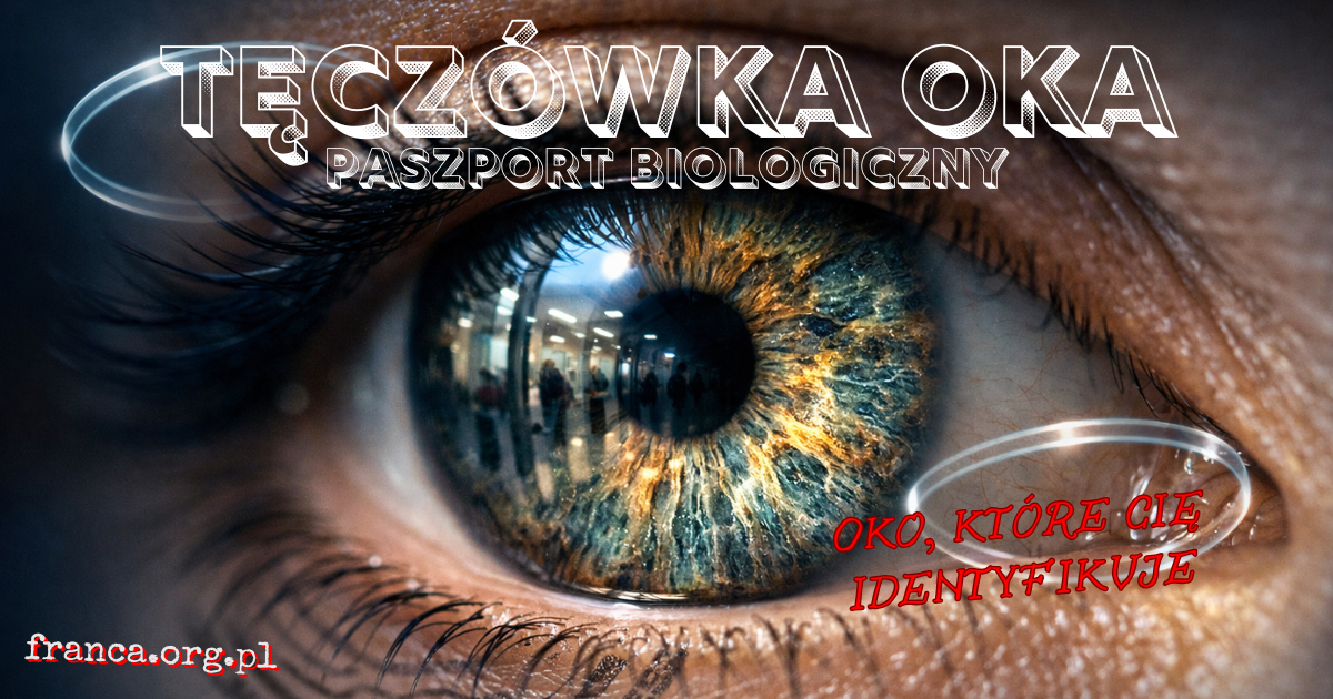 Fotorealistyczna tęczówka oka pokazana jak unikalny biologiczny klucz, na granicy anatomii i technologii.