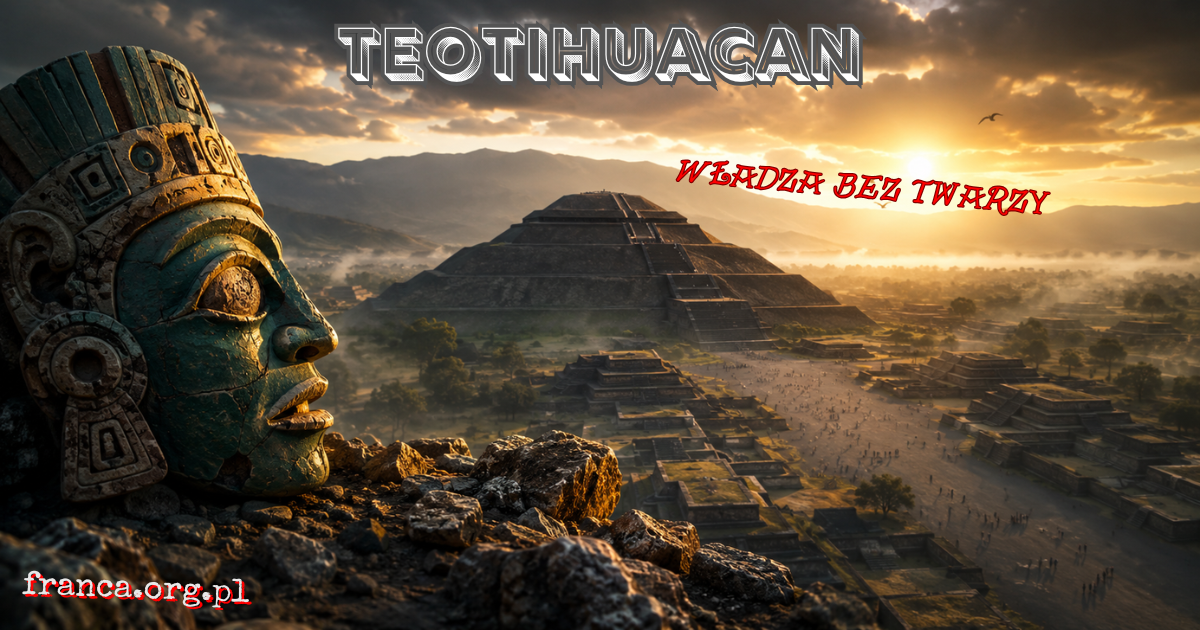Spękana kamienna figura na osmalonej posadzce Teotihuacan rzuca nienaturalny cień czterech profili, podczas gdy w tle wznosi się Piramida Księżyca.