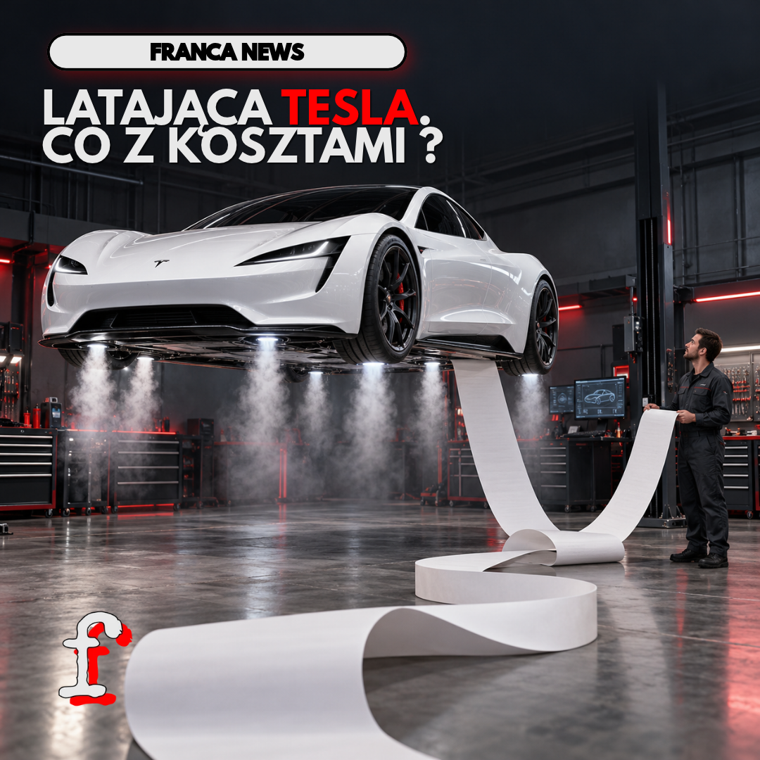 Redakcyjna rekonstrukcja pokazu Tesli Roadster z października 2026 roku. Biały elektryczny supersamochód opada na koła, stabilizowany strumieniami sprężonego gazu z dysz w podwoziu. W tle nocny tor testowy SpaceX z wysoką, zakrzywioną rampą demonstracyjną
