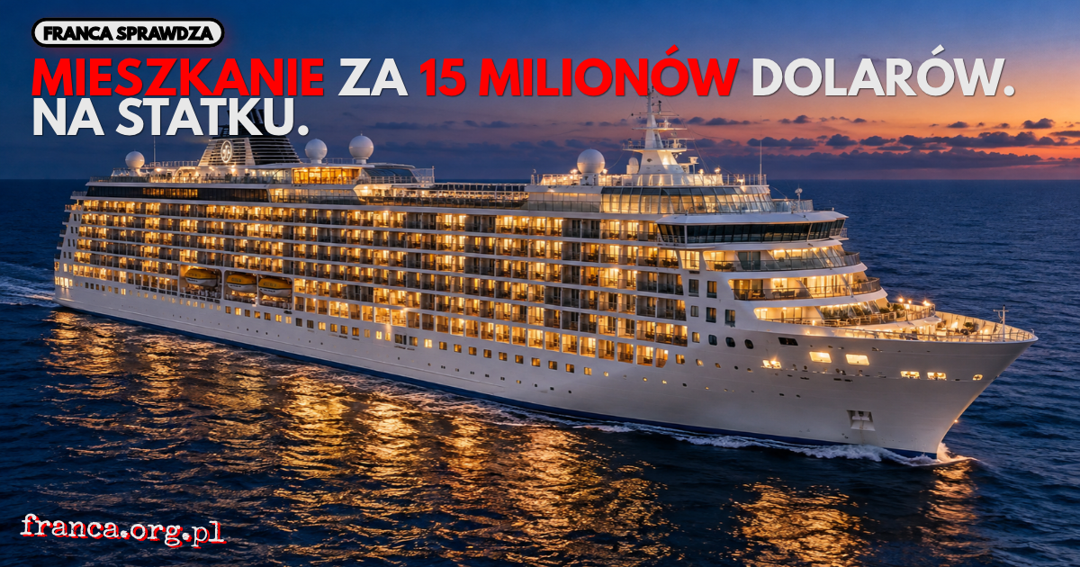 Ilustracja przedstawia luksusowy statek mieszkalny The World płynący po spokojnym oceanie o zmierzchu. Na białym kadłubie i wielopokładowej konstrukcji widoczne są rzędy prywatnych balkonów oraz ciepło oświetlone okna apartamentów. Statek przypomina elega