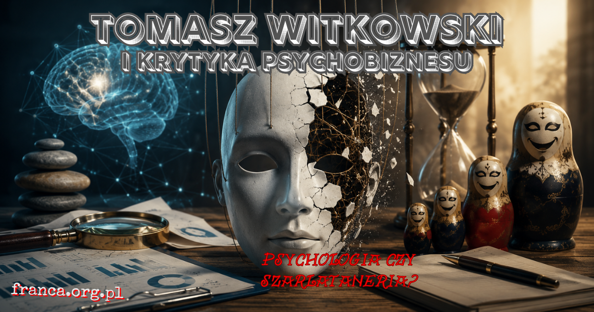 Surrealistyczna ilustracja pokazująca granicę między naukowym laboratorium psychologii a kolorowym straganem obietnic rozwoju osobistego.