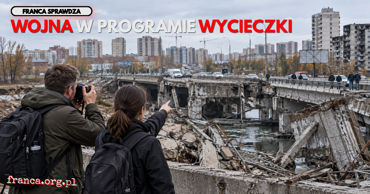 Redakcyjna ilustracja turystyki wojennej w Ukrainie - zagraniczny odwiedzający fotografuje zniszczony most w Irpieniu, a obok lokalny przewodnik wskazuje ślady wojny.