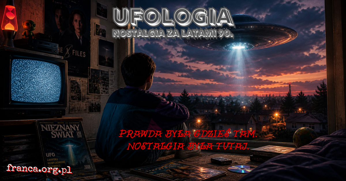 Surrealistyczno-realistyczny obraz pokoju z lat 90., w którym stary telewizor, kasety VHS i nocne niebo za oknem łączą się w jedną tajemniczą scenę ufologiczną.
