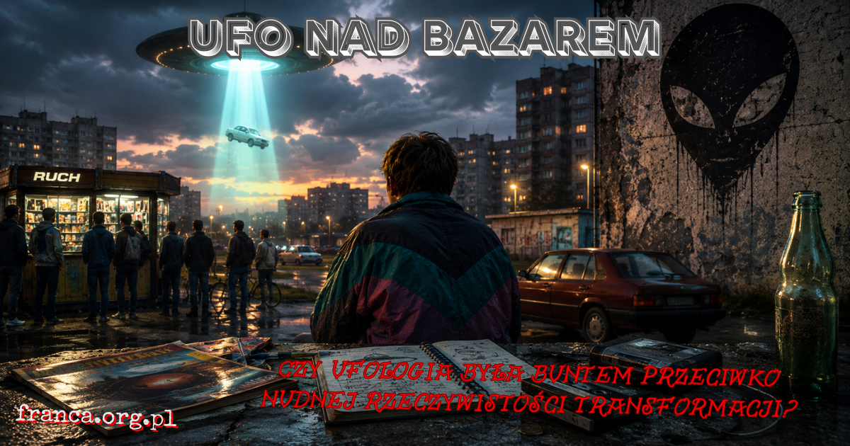 Pozioma surrealistyczna scena przedstawiająca polski bazar i bloki z lat 90., nad którymi świeci nienaturalny obiekt w kształcie UFO jako metafora społecznej potrzeby tajemnicy.