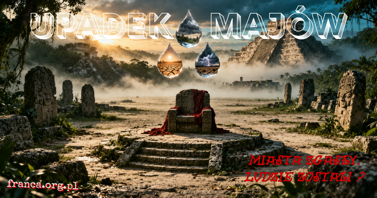 Fotorealistyczna ilustracja ruin miasta Majów w tropikalnej dżungli, z suchym powietrzem, pękającą stelą i subtelnymi symbolami wojny oraz kryzysu władzy.