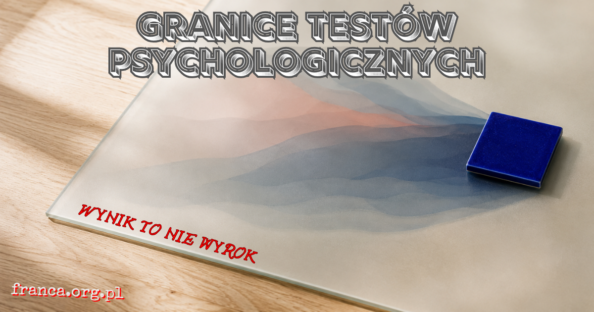 Niebieski ceramiczny kafel leżący na matowym szkle rzuca niemożliwie duży, wielowarstwowy cień symbolizujący kontekst i niepewność interpretacji wyniku testu.