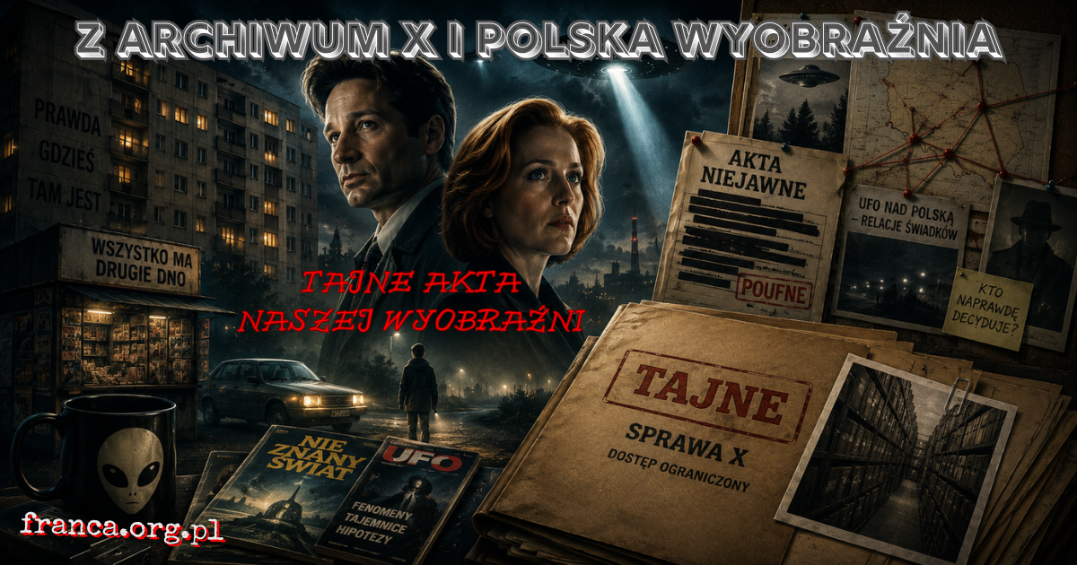 Pionowa ilustracja z ogromną szafą archiwalną, latającymi teczkami bez napisów, cieniem znaku X i światłem UFO nad nocnym miastem.